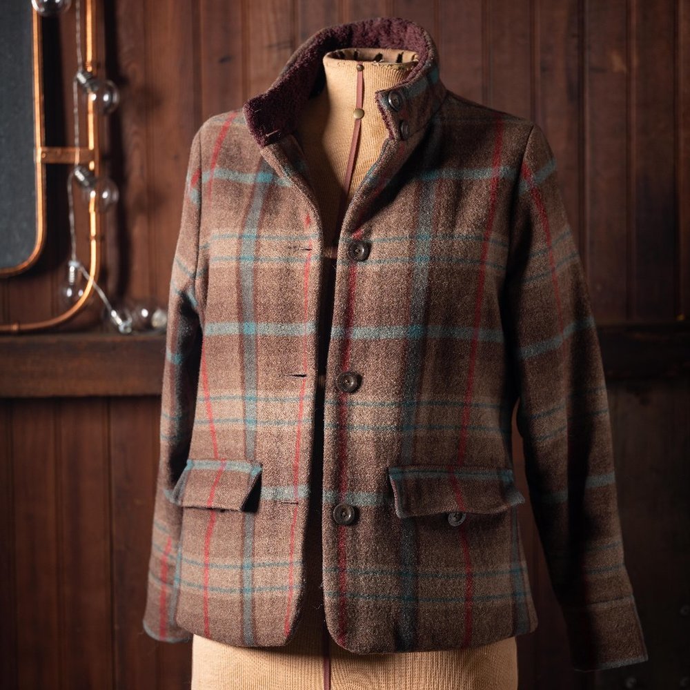Woolrich Brown Plaid Boxy Jacket Soft Wool Blend with Sherpa Lined Collar